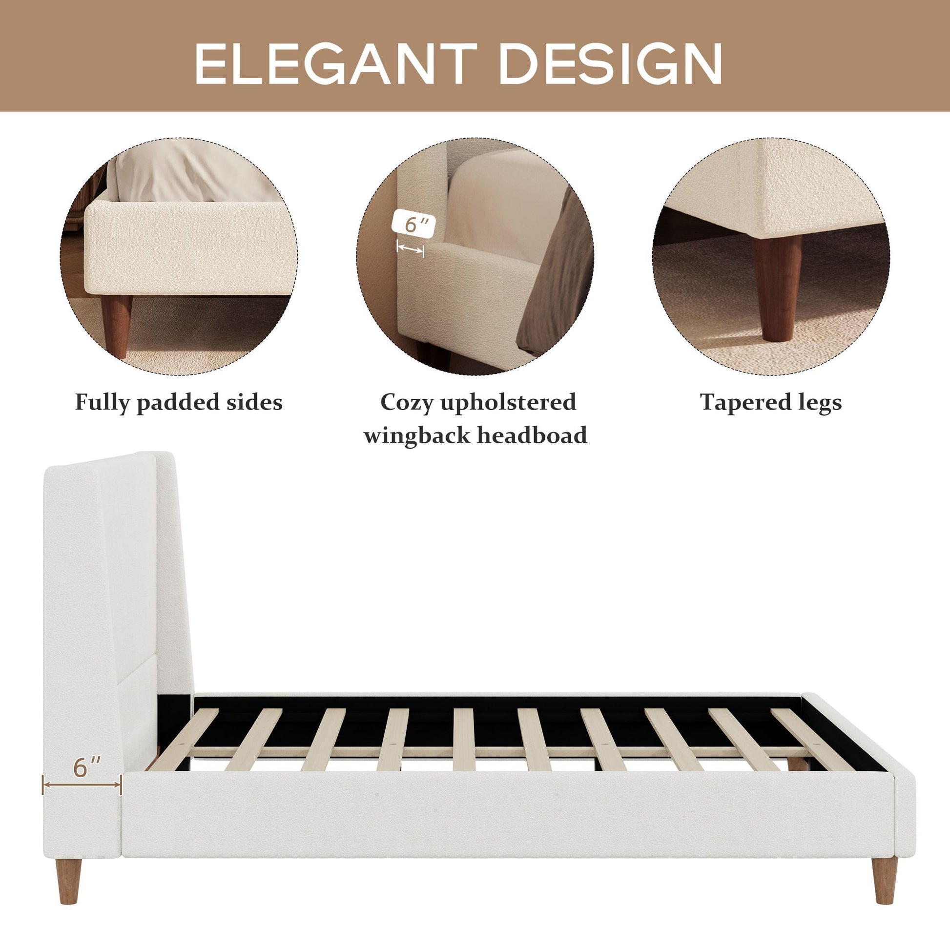 Upholstered platform bed with wingback headboard in white fabric, tapered legs on Tampa Home & Garden Store