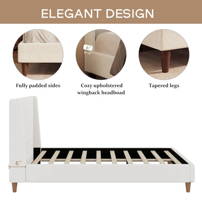 Upholstered platform bed with wingback headboard in white fabric, tapered legs on Tampa Home & Garden Store