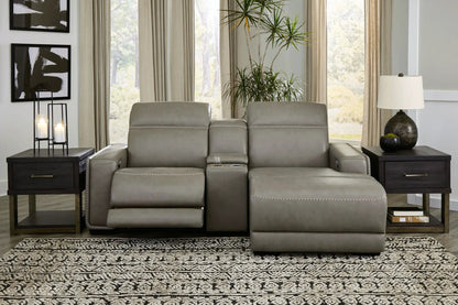 Correze Power Reclining Sectional in gray leather with center console, 2 seats on Tampa Home & Garden Store