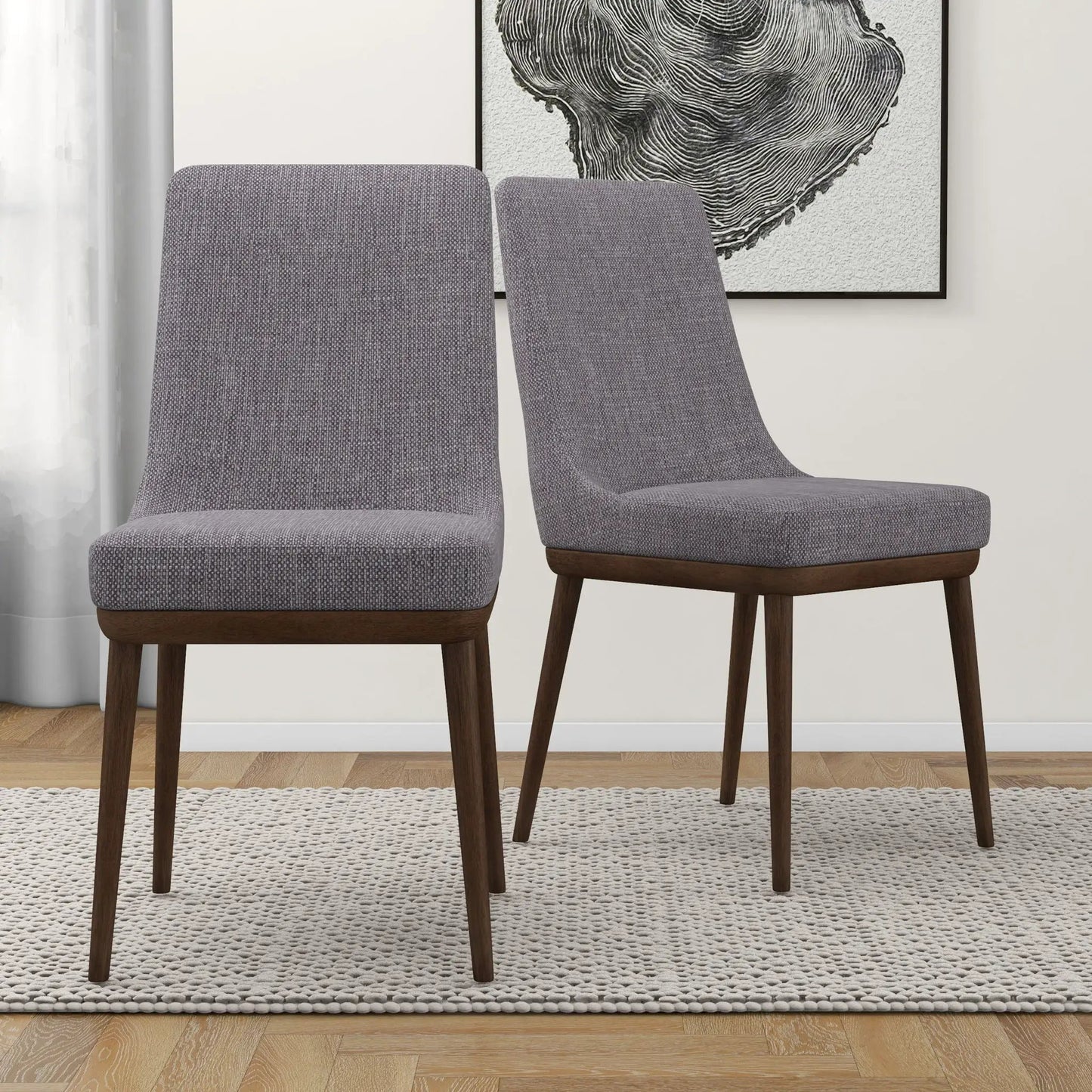 Kate mid-century dining chairs set of 2 in gray textured fabric with dark wood legs on Tampa Home & Garden Store
