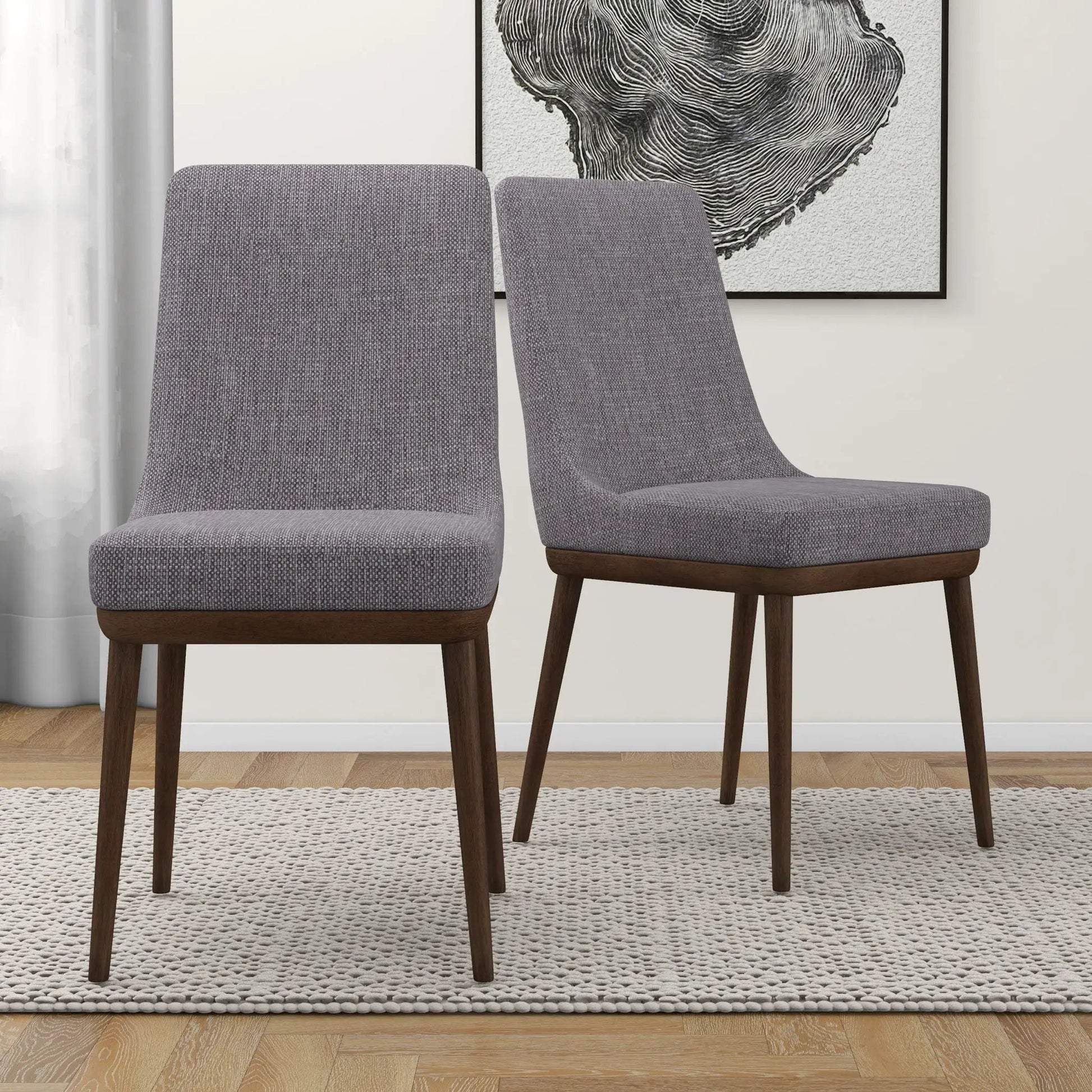 Kate mid-century dining chairs set of 2 in gray textured fabric with dark wood legs on Tampa Home & Garden Store