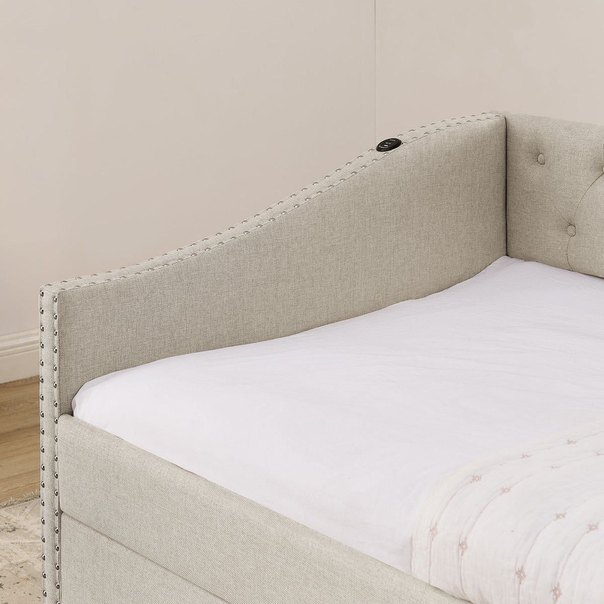 Upholstered daybed with USB charging, beige fabric, nailhead trim, HouseOfZazla on Tampa Home & Garden Store