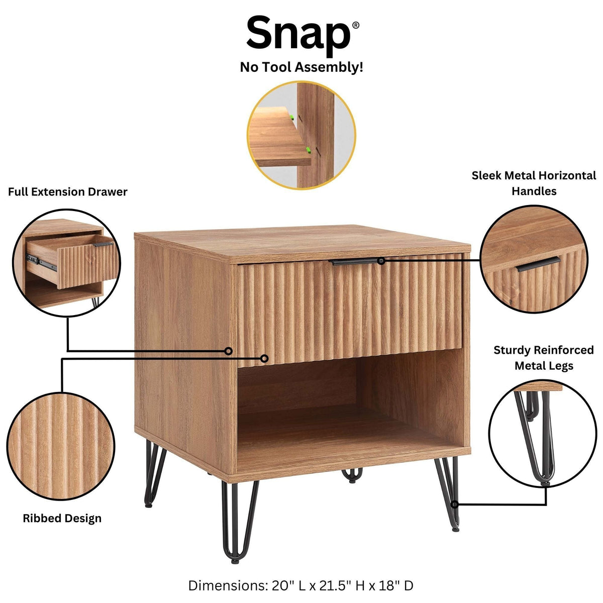 HouseOfZazla Modern Nightstand with ribbed oak front, full-extension drawer, and black metal hairpin legs on Tampa Home & Garden Store