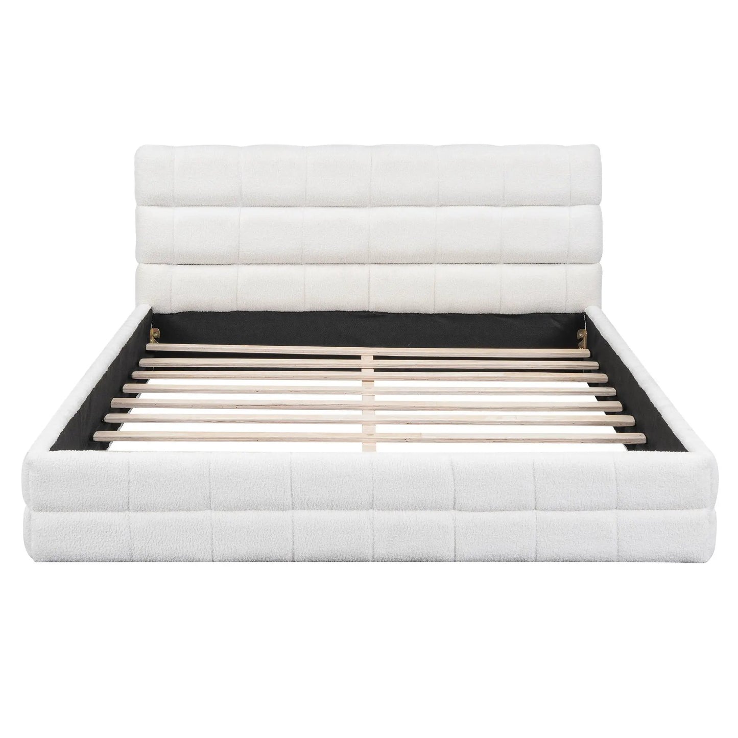 Upholstered platform bed with tufted white headboard and slatted base by Unique Piece Furniture on Tampa Home & Garden Store