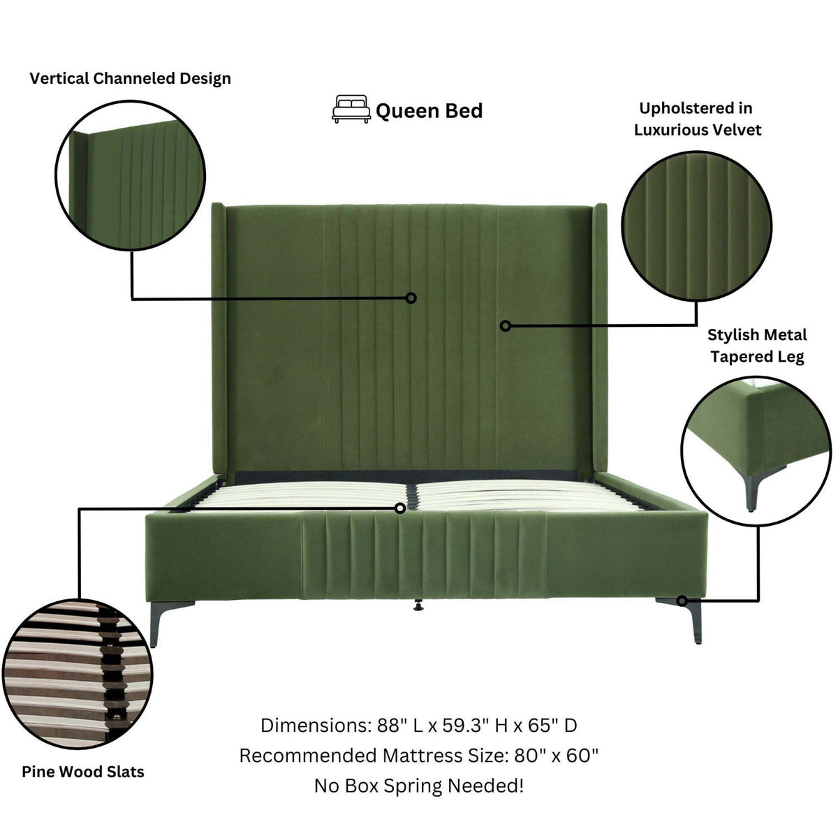 Promenade bed by HouseOfZazla with upholstered velvet headboard and slats, metal tapered legs on Tampa Home & Garden Store