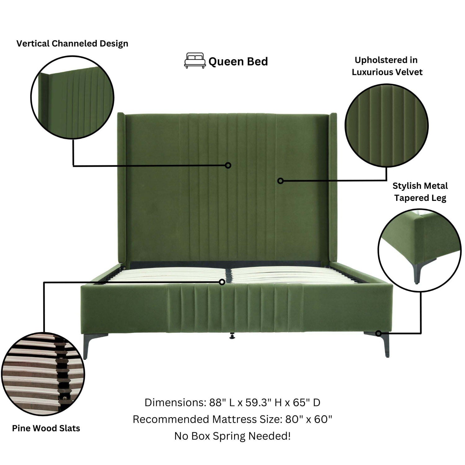 Promenade bed by HouseOfZazla with upholstered velvet headboard and slats, metal tapered legs on Tampa Home & Garden Store