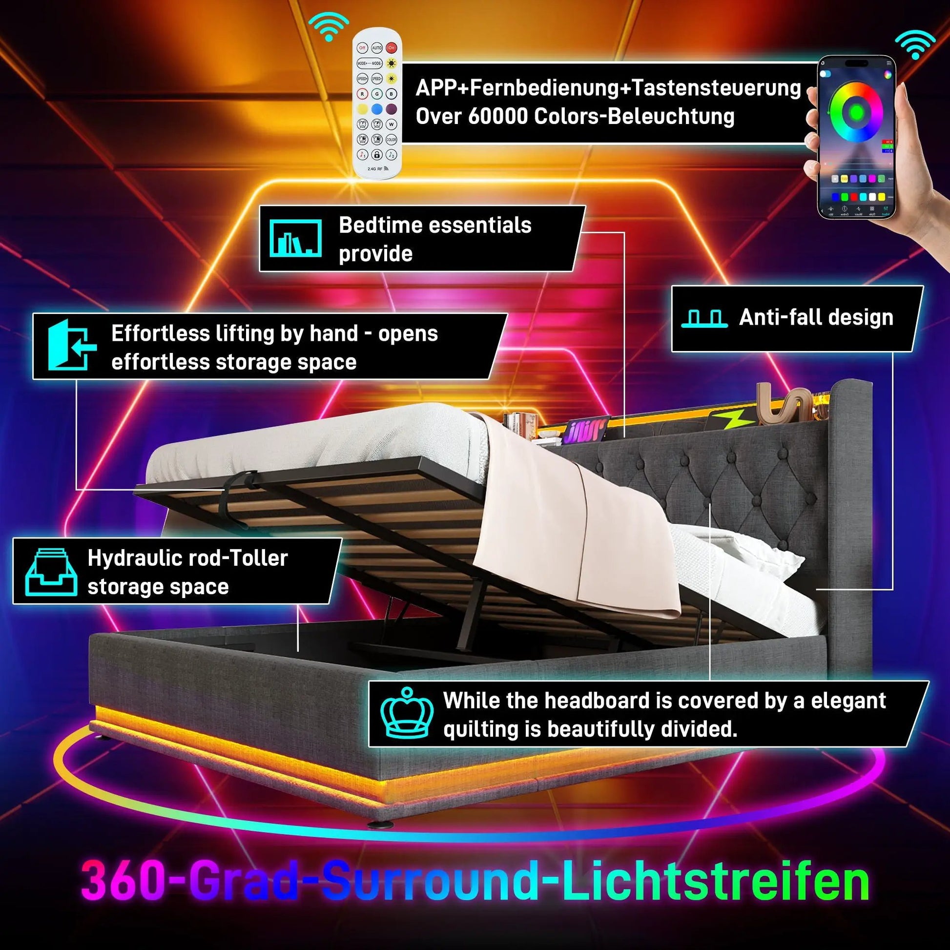 Upholstered storage bed by Unique Piece Furniture with USB-C charging, 360° LED on Tampa Home & Garden Store