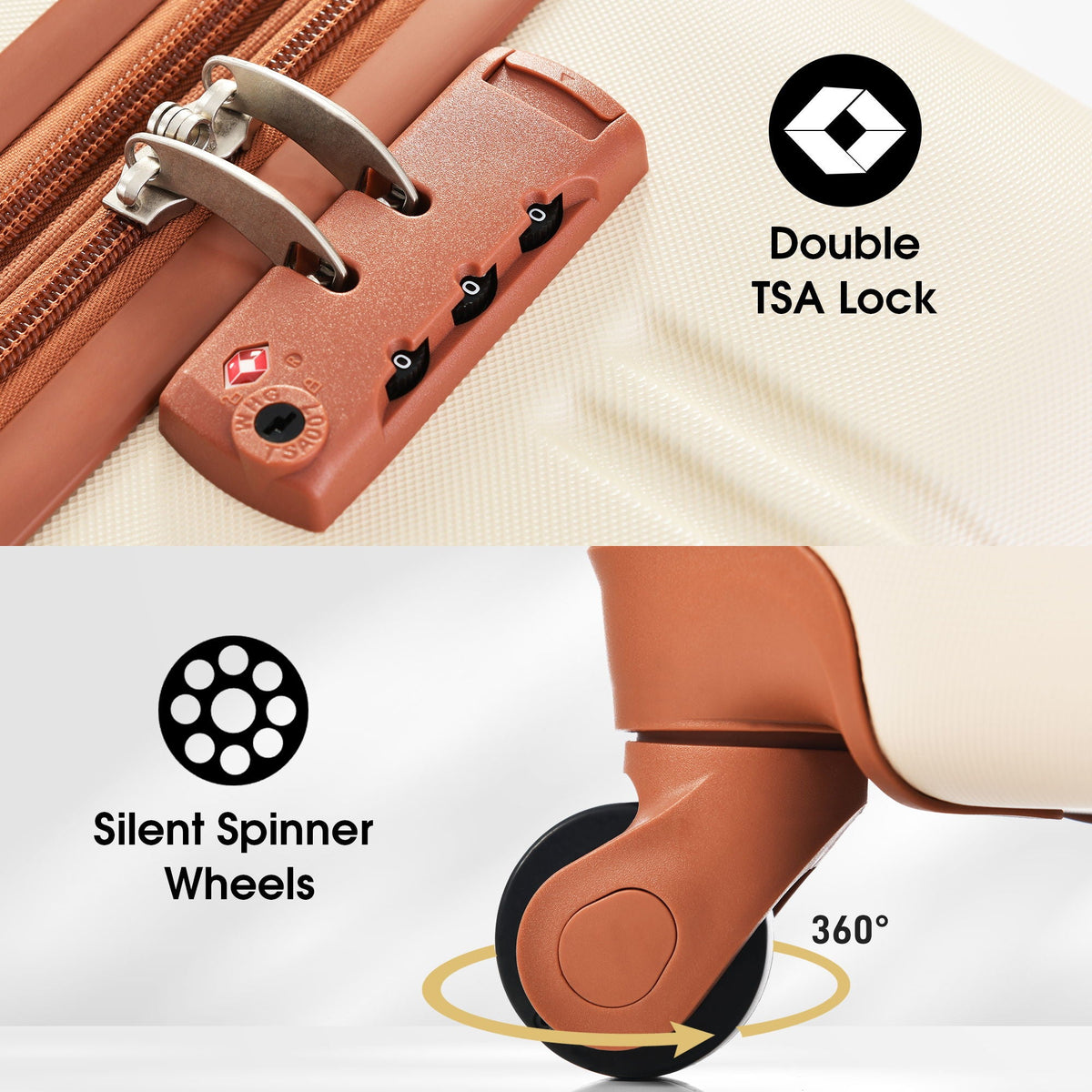 3 piece hardside spinner luggage set with TSA lock in tan orange, silent spinner wheels on Tampa Home & Garden Store