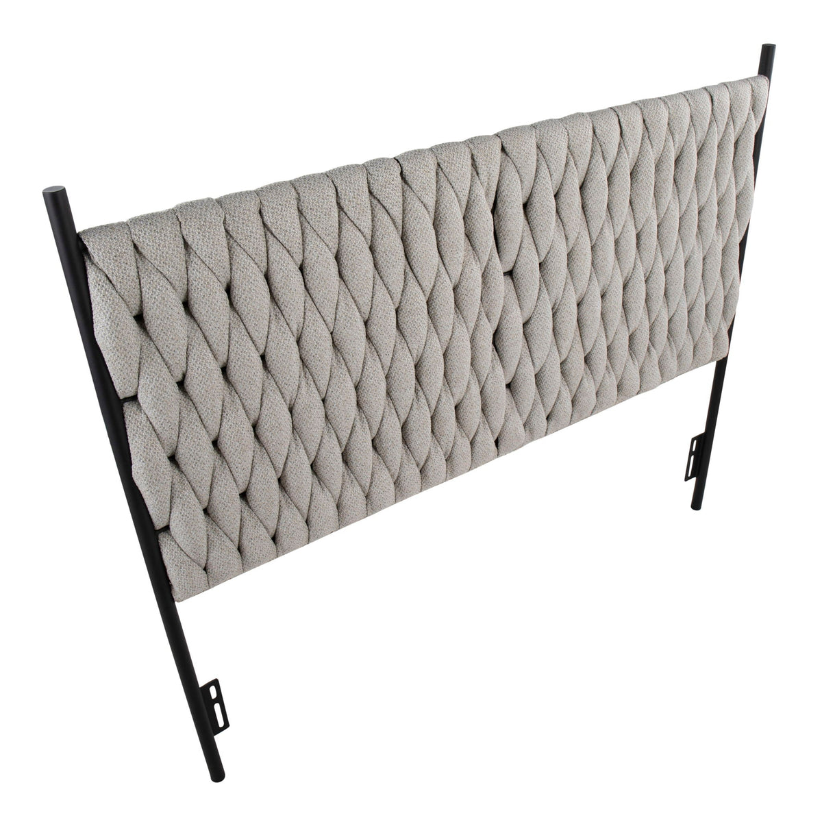 Braided Matisse Upholstery Queen Headboard with black metal frame in beige-gray fabric on Tampa Home & Garden Store