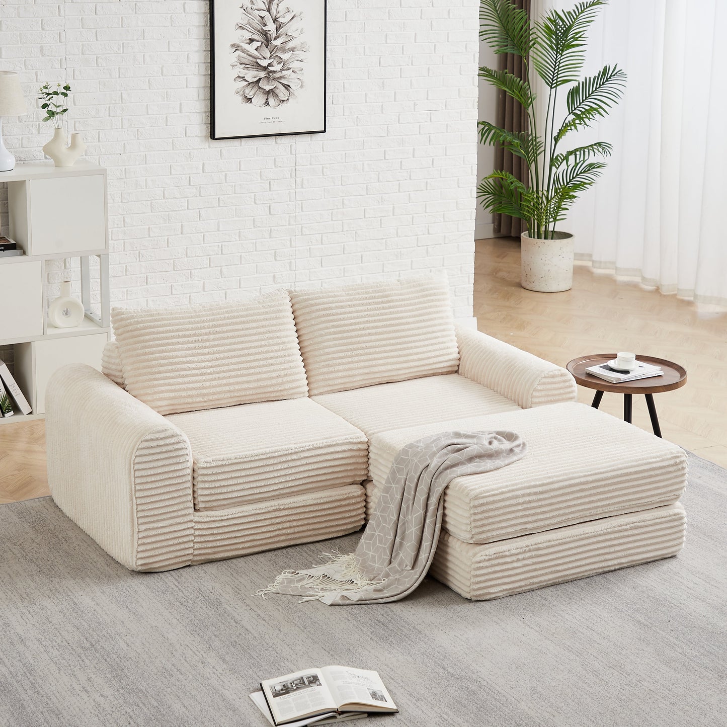 Minimalist Corduroy Sofa Bed and Throw Pillows