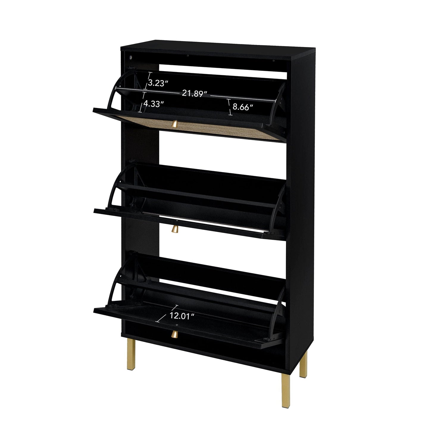 Modern Rattan 3‑Door Shoe Rack Cabinet by HouseOfZazla, black with gold legs, organizer on Tampa Home & Garden Store