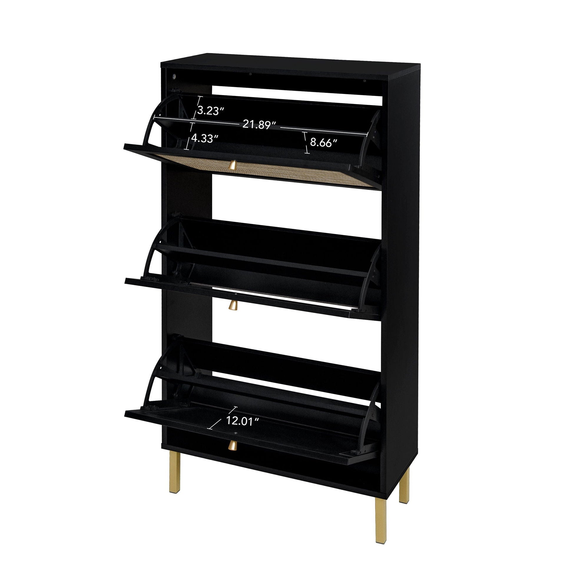 Modern Rattan 3‑Door Shoe Rack Cabinet by HouseOfZazla, black with gold legs, organizer on Tampa Home & Garden Store