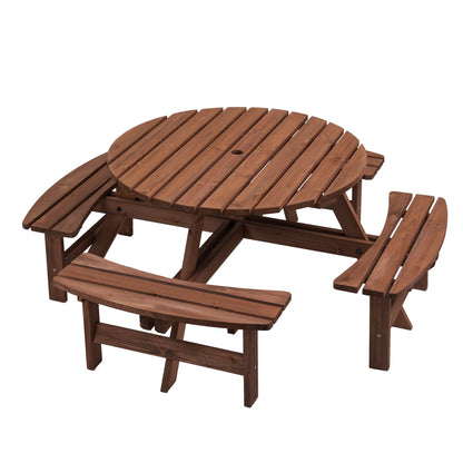 8 Person round wooden picnic table with attached benches, brown stained slats HouseOfZazla on Tampa Home & Garden Store