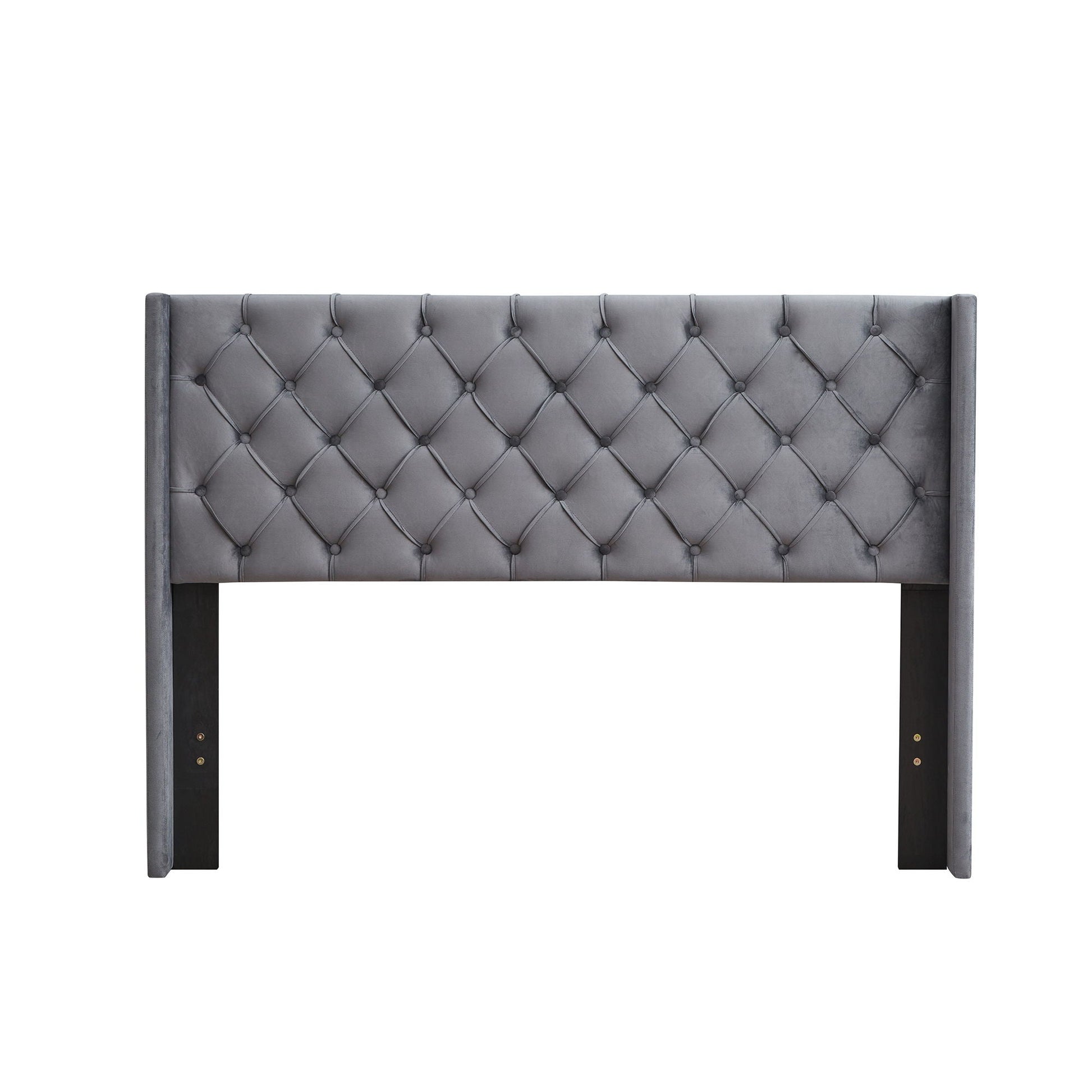 Velvet button-tufted gray queen platform bed with winged headboard and dark wood legs on Tampa Home & Garden Store