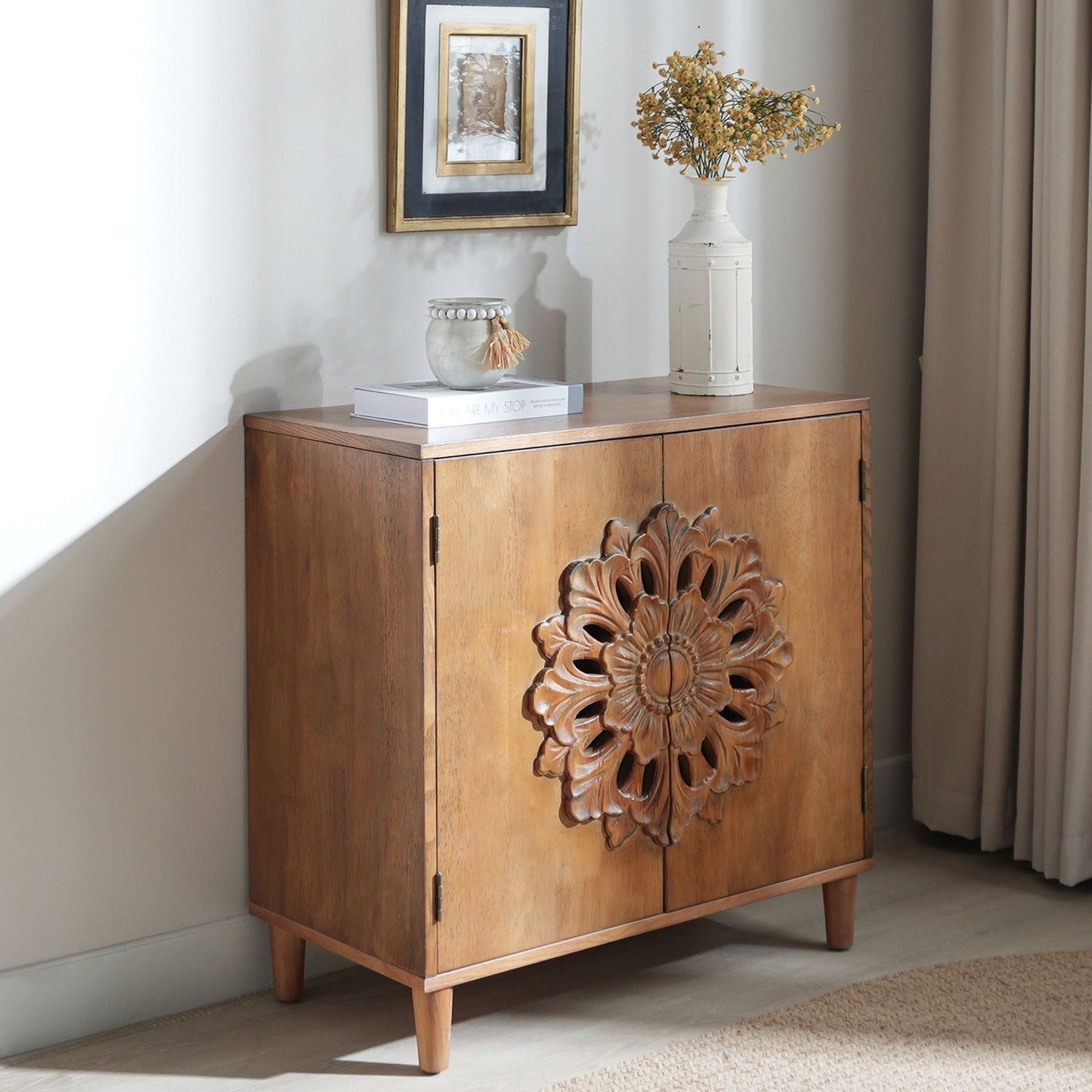 Rustic hand-carved wooden 2-door cabinet by HouseOfZazla with floral door carving on Tampa Home & Garden Store