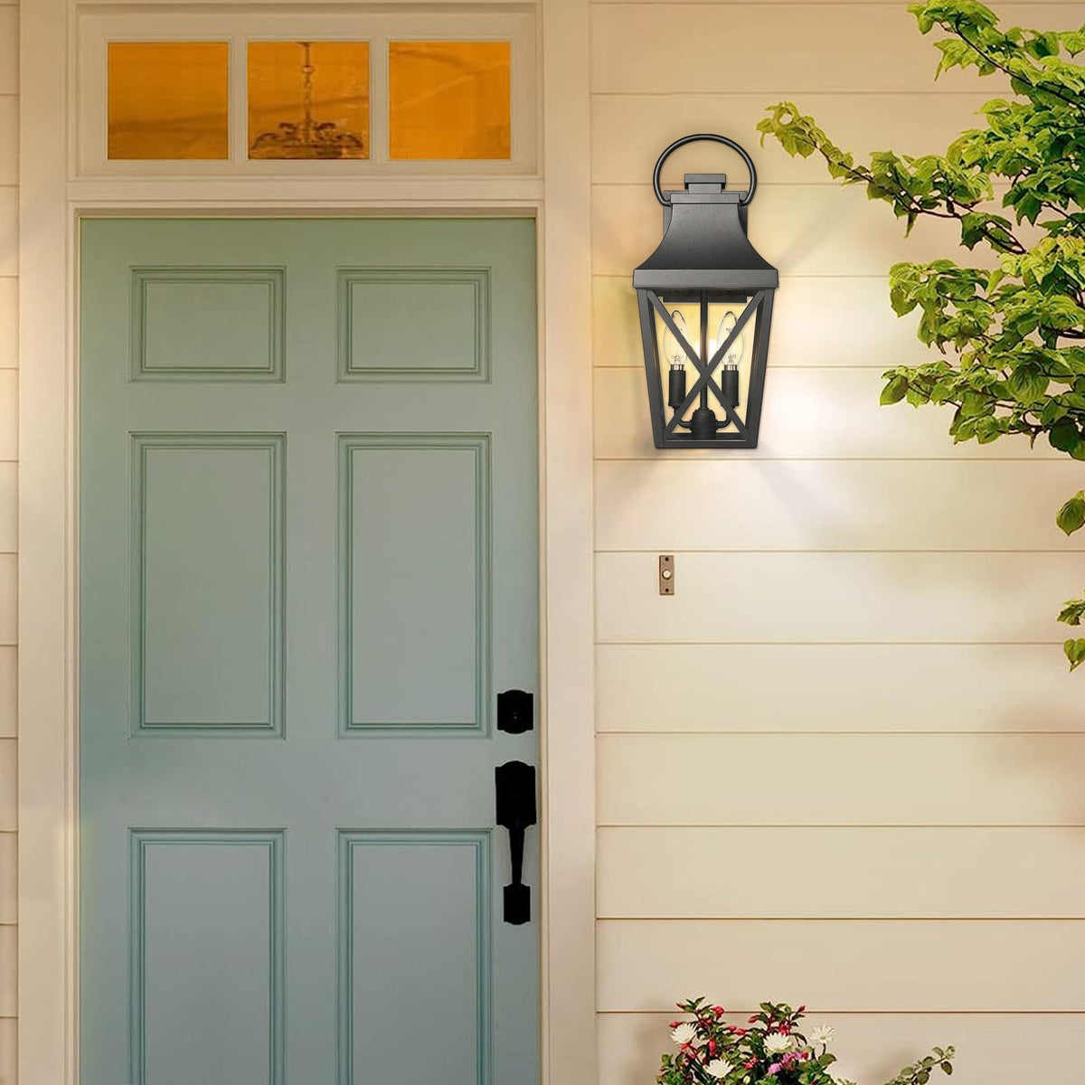 Outdoor Waterproof Wall Light by GigaTech, black metal lantern with glass panels and two bulbs on Tampa Home & Garden Store