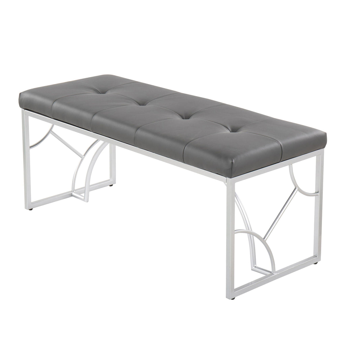 Elegant contemporary upholstered bench with tufted gray cushions and metal frame on Tampa Home & Garden Store