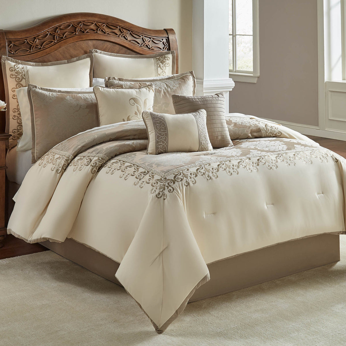 Hillcrest Ivory Damask and Jacquard Comforter Set