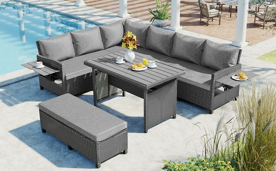 Tomax 5-Piece Outdoor Patio Rattan Sofa Set with gray cushions, coffee table, and ottoman on Tampa Home & Garden Store