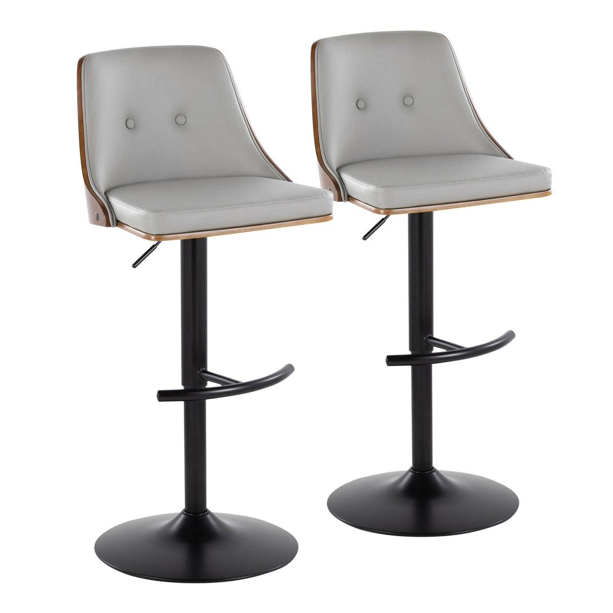 Mid Century Modern adjustable barstool set with swivel, 2 gray upholstered seats with wood trim on Tampa Home & Garden Store