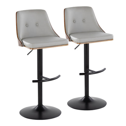 Mid Century Modern adjustable barstool set with swivel, 2 gray upholstered seats with wood trim on Tampa Home & Garden Store