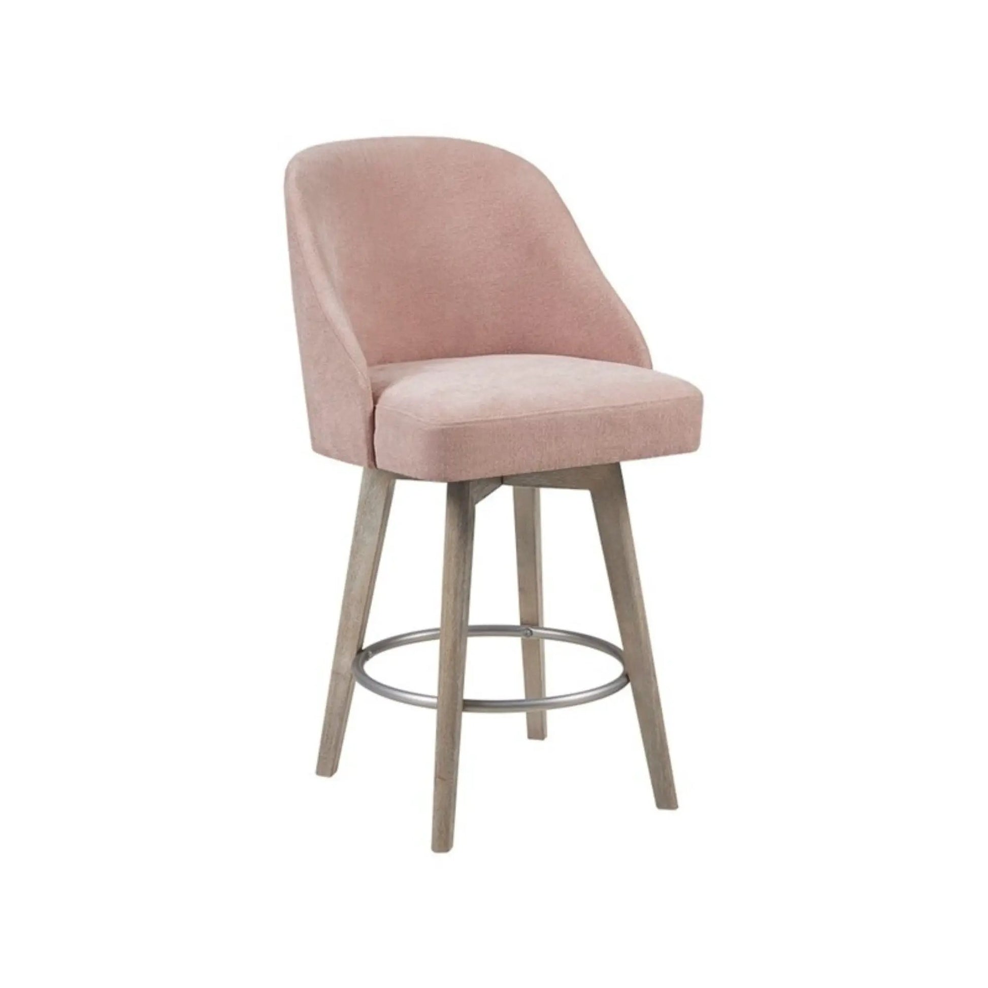 Pearce Bar Stool with Swivel Seat, blush pink velvet upholstery, counter height, wood legs on Tampa Home & Garden Store