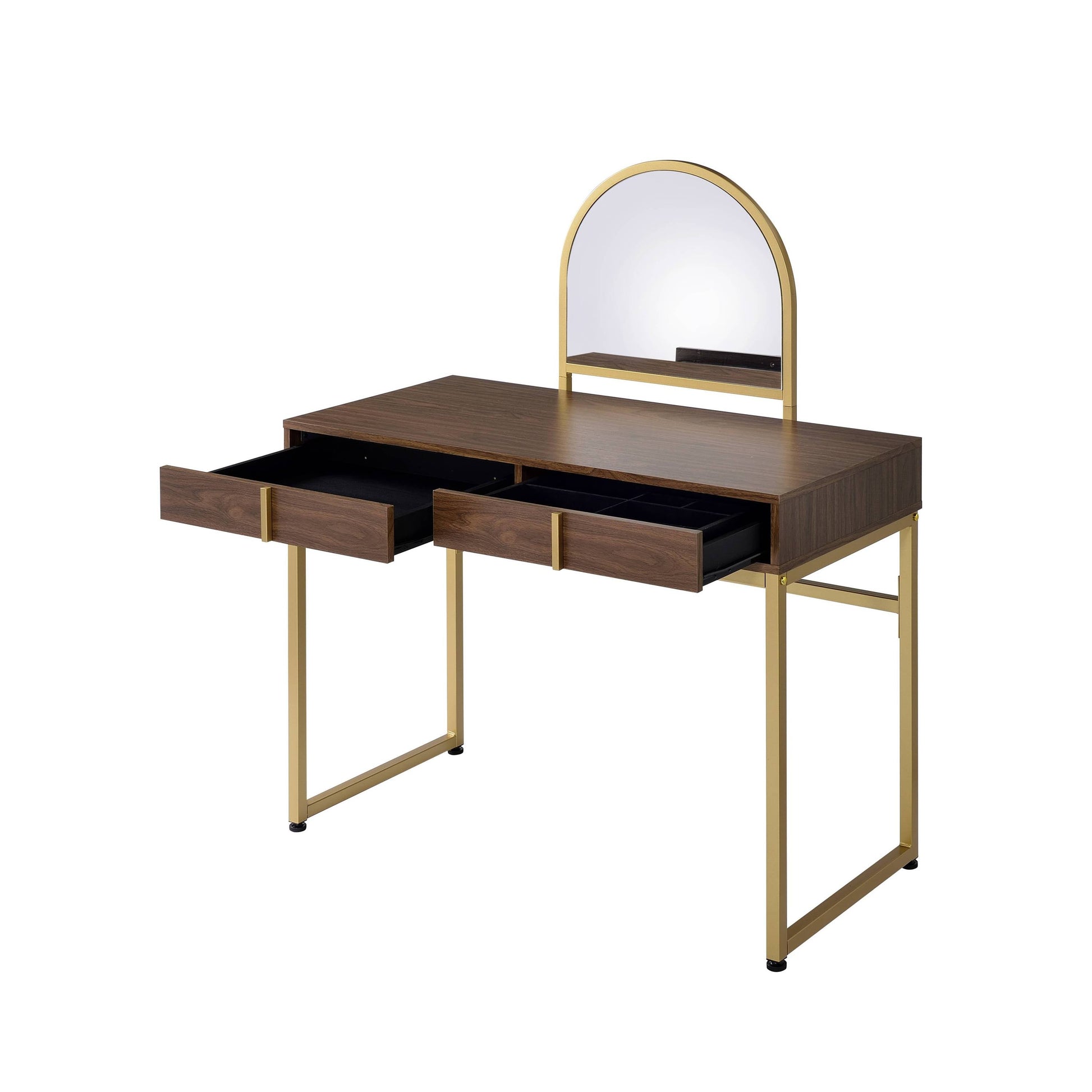 Walnut vanity desk with gold finish frame, arched mirror and jewelry tray, 2 drawers on Tampa Home & Garden Store