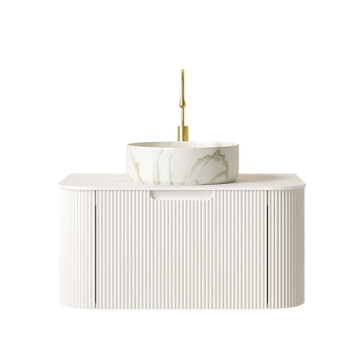 Modern Bath Vanity with ceramic basin and cabinet white ribbed cabinet marble basin gold faucet on Tampa Home & Garden Store