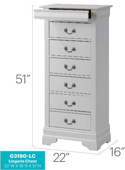 G3190-LC lingerie chest by Unique Piece Furniture in white with five drawers and cup pulls on Tampa Home & Garden Store
