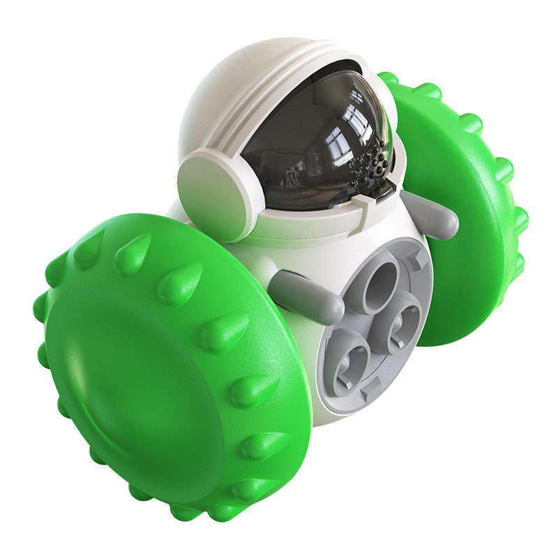 Pet interactive balance car toy with white body and bright green spiked wheels on Tampa Home & Garden Store