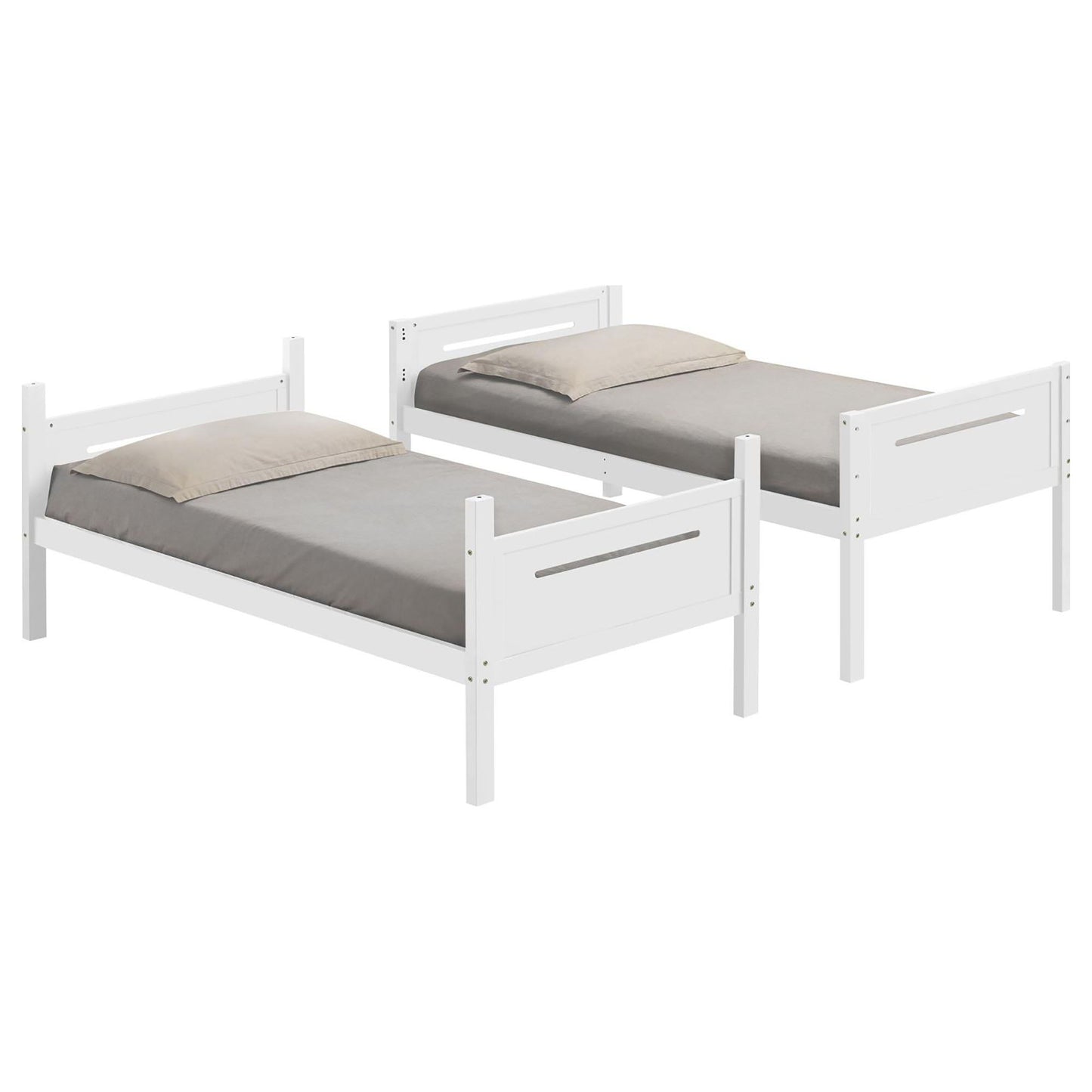 White bunk bed set with built in ladder and guardrails; 3 twin beds with grey mattresses on Tampa Home & Garden Store