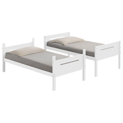 White bunk bed set with built in ladder and guardrails; 3 twin beds with grey mattresses on Tampa Home & Garden Store