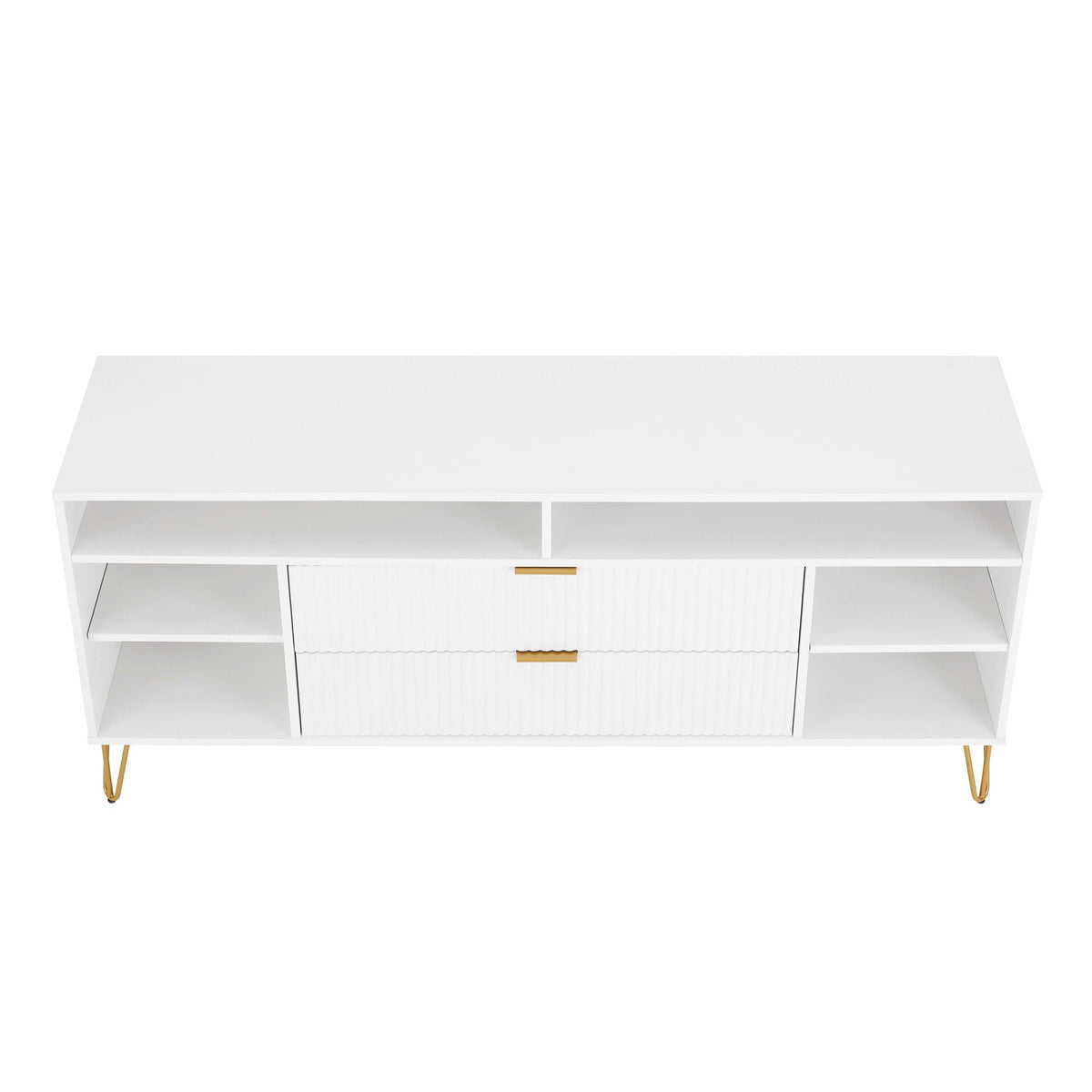 White fluted TV stand with storage drawers and gold metal legs on Tampa Home & Garden Store