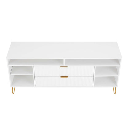 White fluted TV stand with storage drawers and gold metal legs on Tampa Home & Garden Store