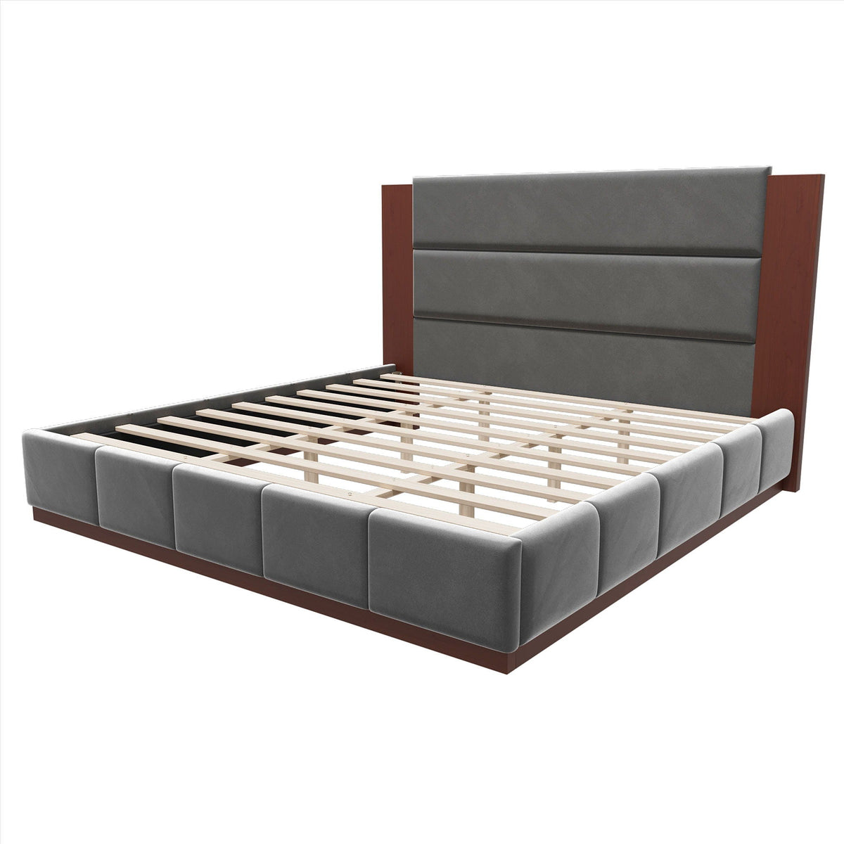 Modern upholstered platform bed with extended gray headboard in a wood frame, HouseOfZazla, slats on Tampa Home & Garden Store