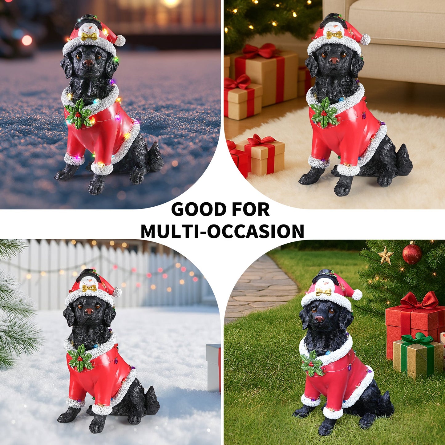 Christmas Dog Statue by HouseOfZazla, black dog in red Santa suit with white trim, holly, and multicolor lights on Tampa Home & Garden Store