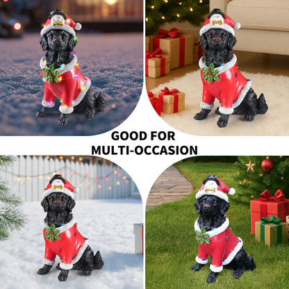 Christmas Dog Statue by HouseOfZazla, black dog in red Santa suit with white trim, holly, and multicolor lights on Tampa Home & Garden Store