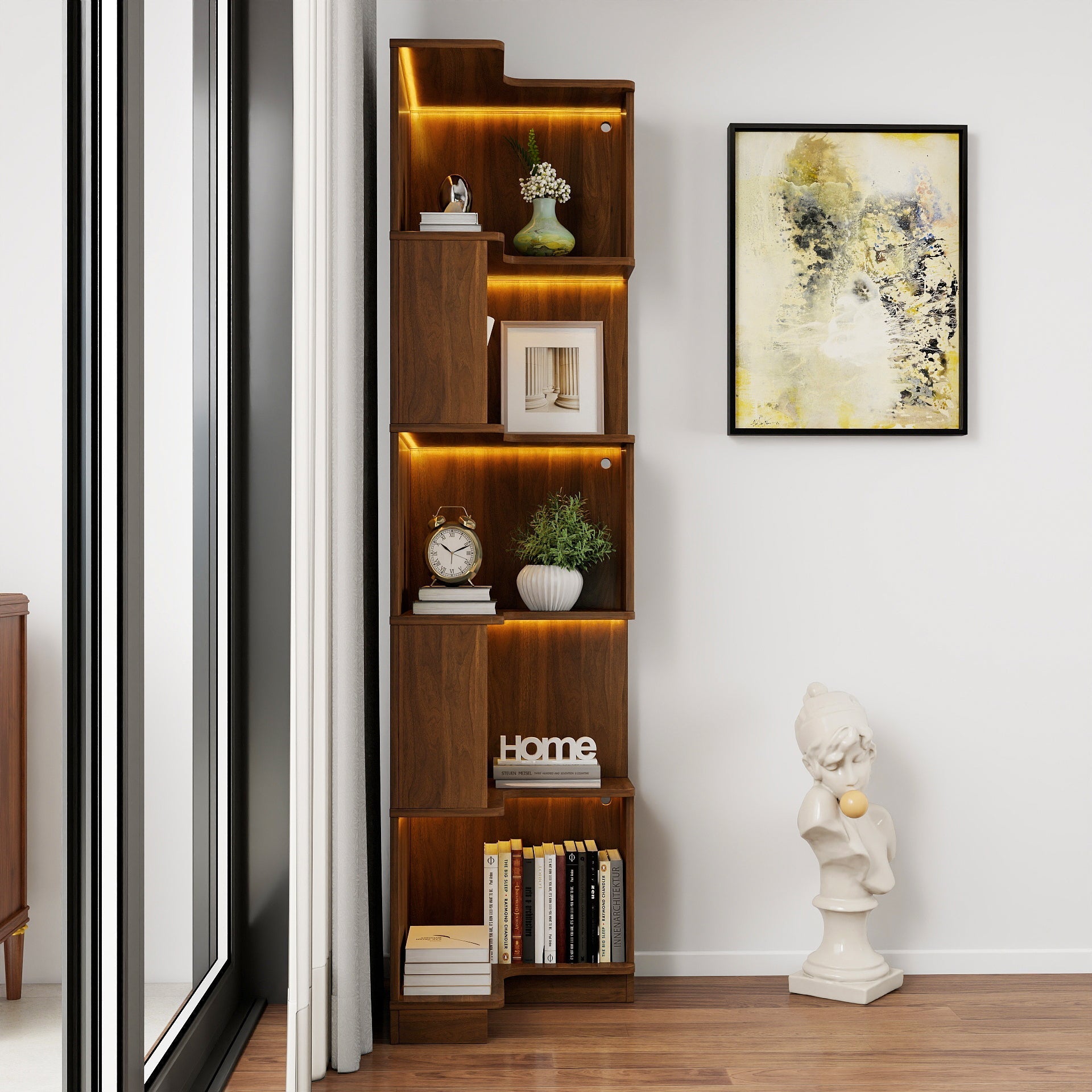 Corner Book Shelf 5-Tier etagere in warm walnut with LED lighting displaying books and decor on Tampa Home & Garden Store