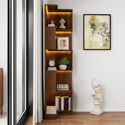 Corner Book Shelf 5-Tier etagere in warm walnut with LED lighting displaying books and decor on Tampa Home & Garden Store