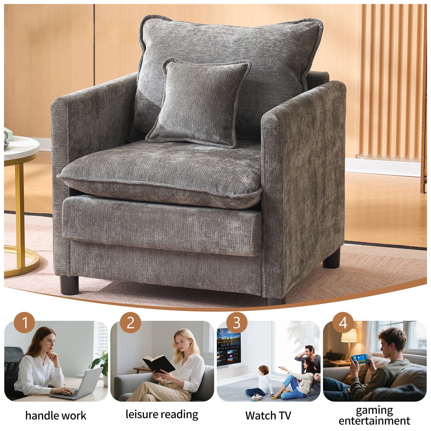 Modern Reading Armchair, grey textured fabric with matching cushions, HouseOfZazla armchair on Tampa Home & Garden Store