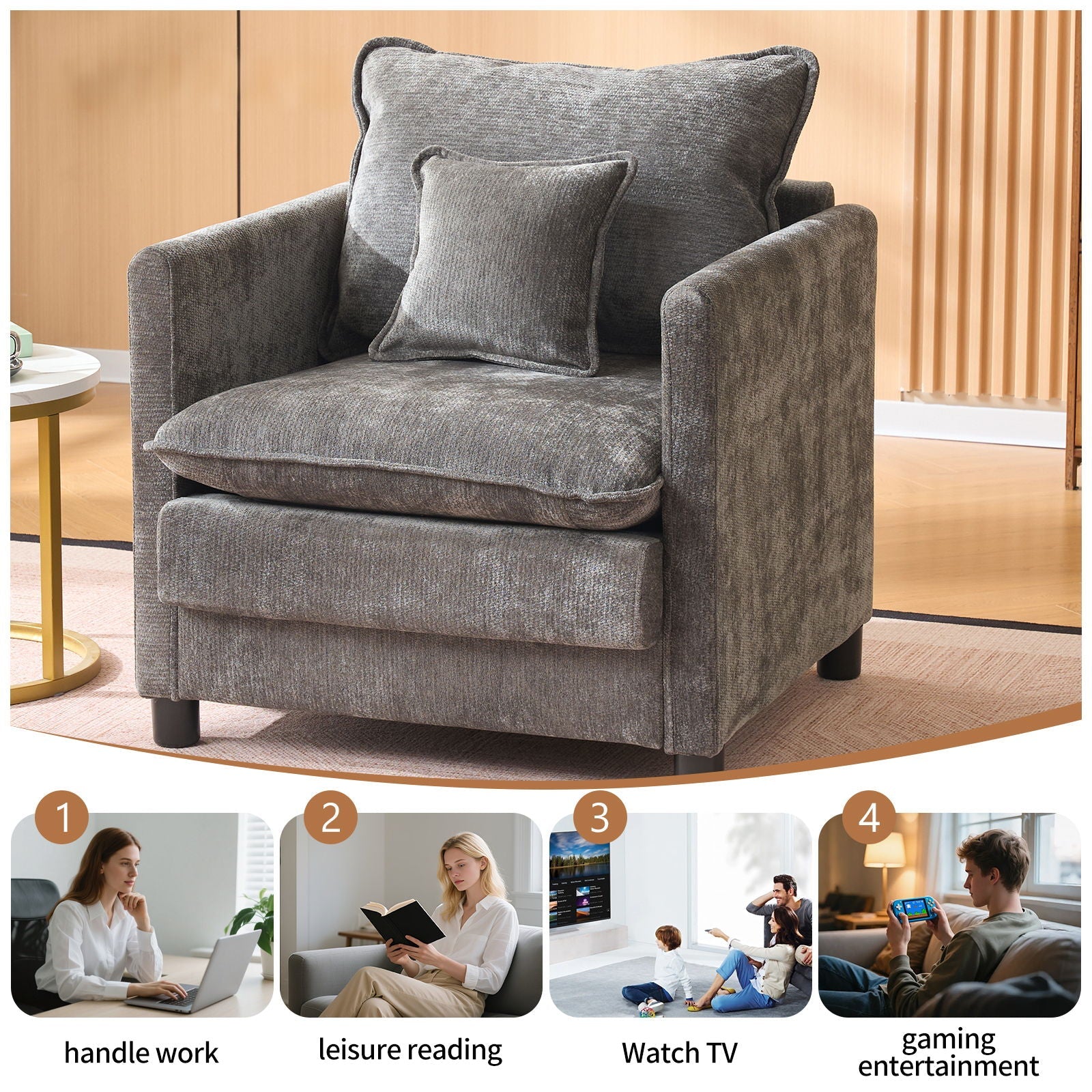 Modern Reading Armchair, grey textured fabric with matching cushions, HouseOfZazla armchair on Tampa Home & Garden Store