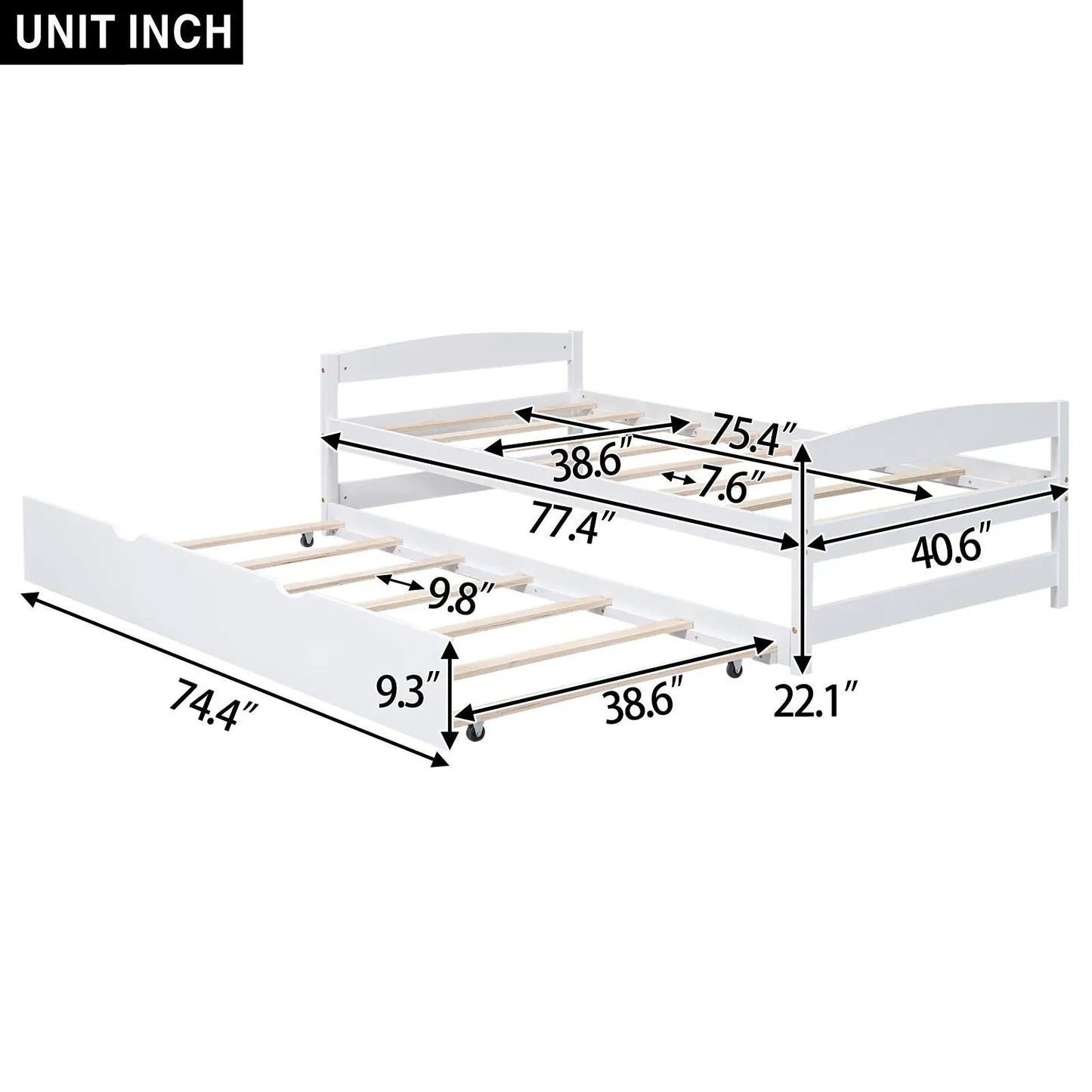 White platform bed with integrated trundle on wheels, wood slats, contemporary design on Tampa Home & Garden Store