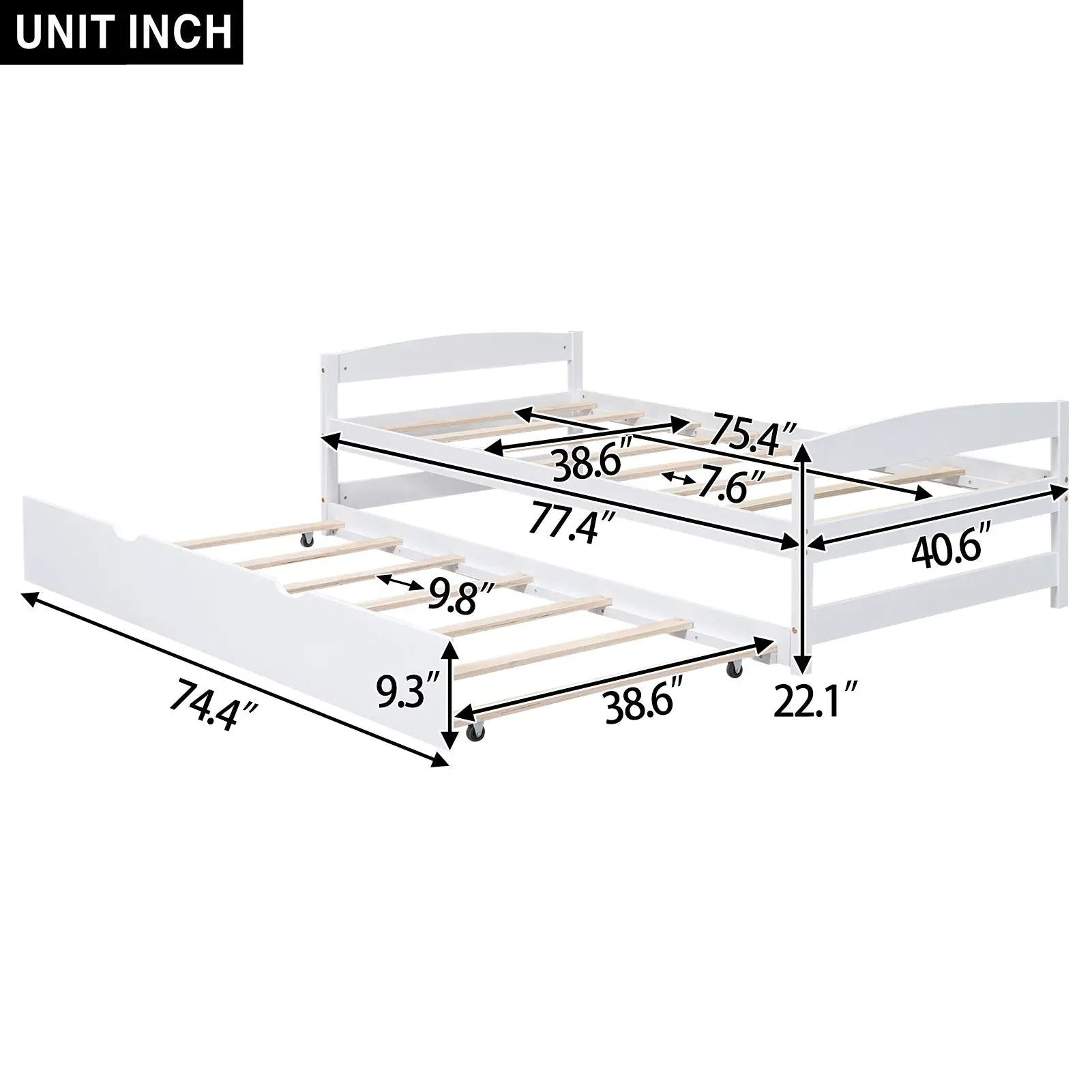 White platform bed with integrated trundle on wheels, wood slats, contemporary design on Tampa Home & Garden Store