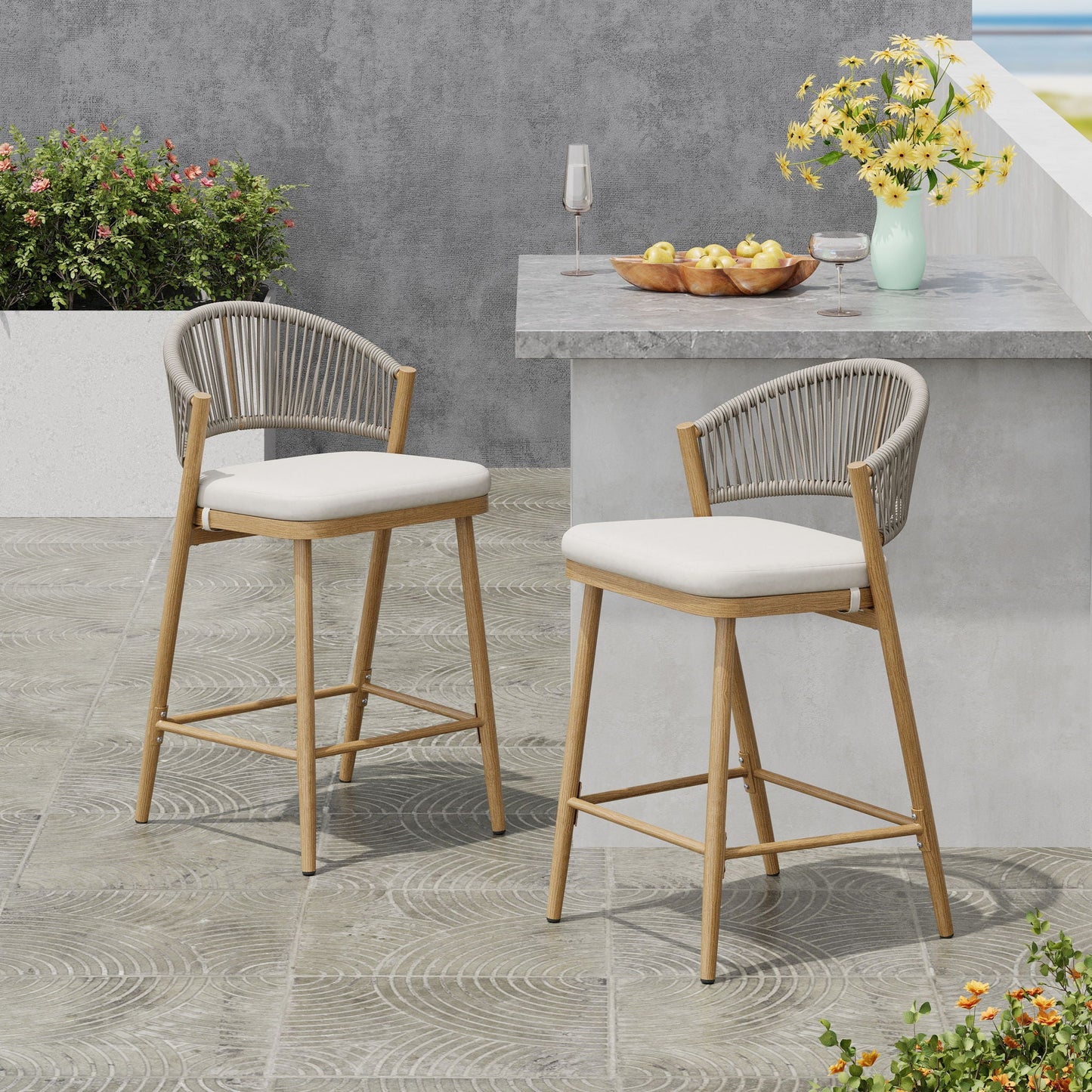 Outdoor 26in metal counter stools with scallop back and waterproof cushions on Tampa Home & Garden Store