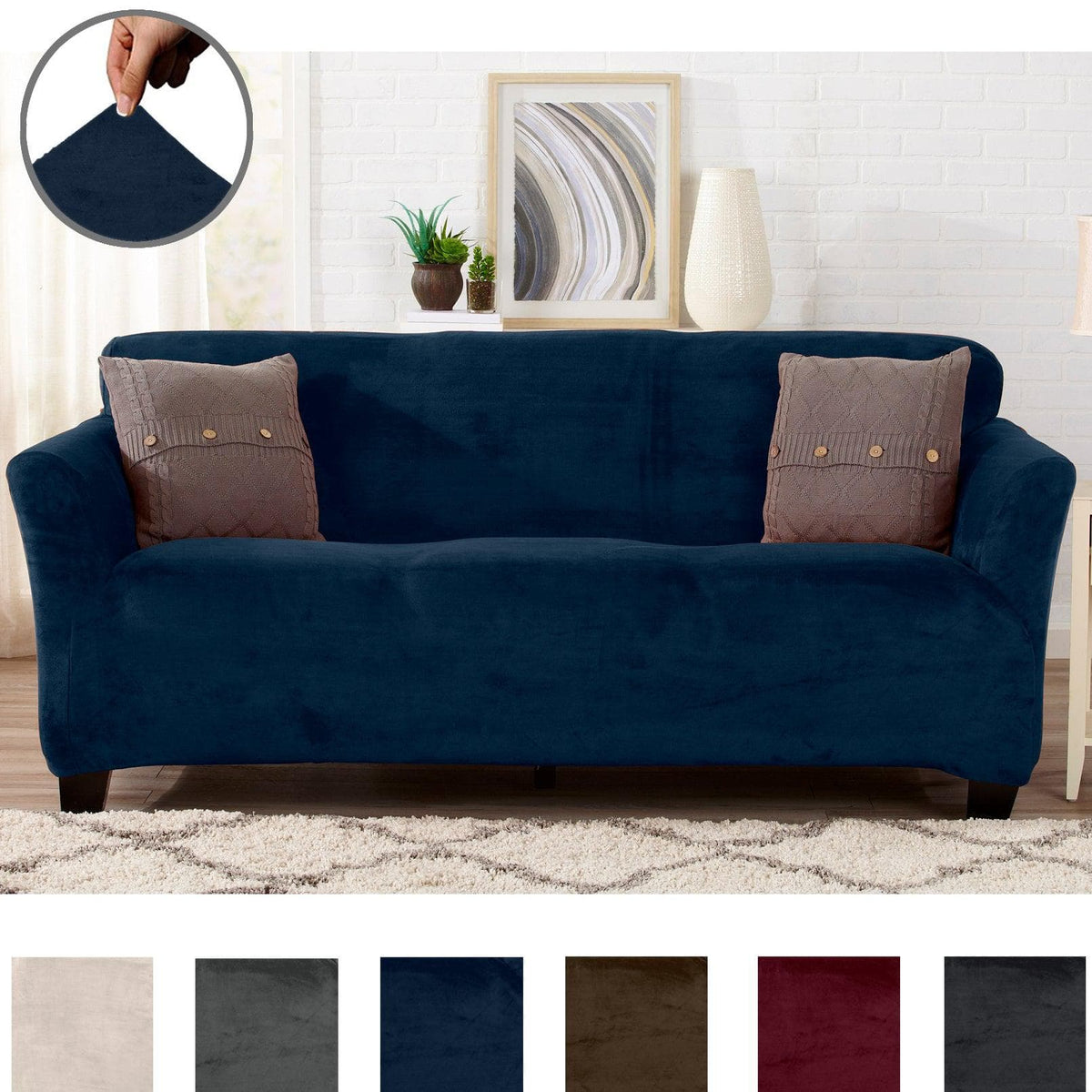 Velvet Stretch Slipcover Gale Collection for Great Bay Home navy sofa with two taupe pillows on Tampa Home & Garden Store