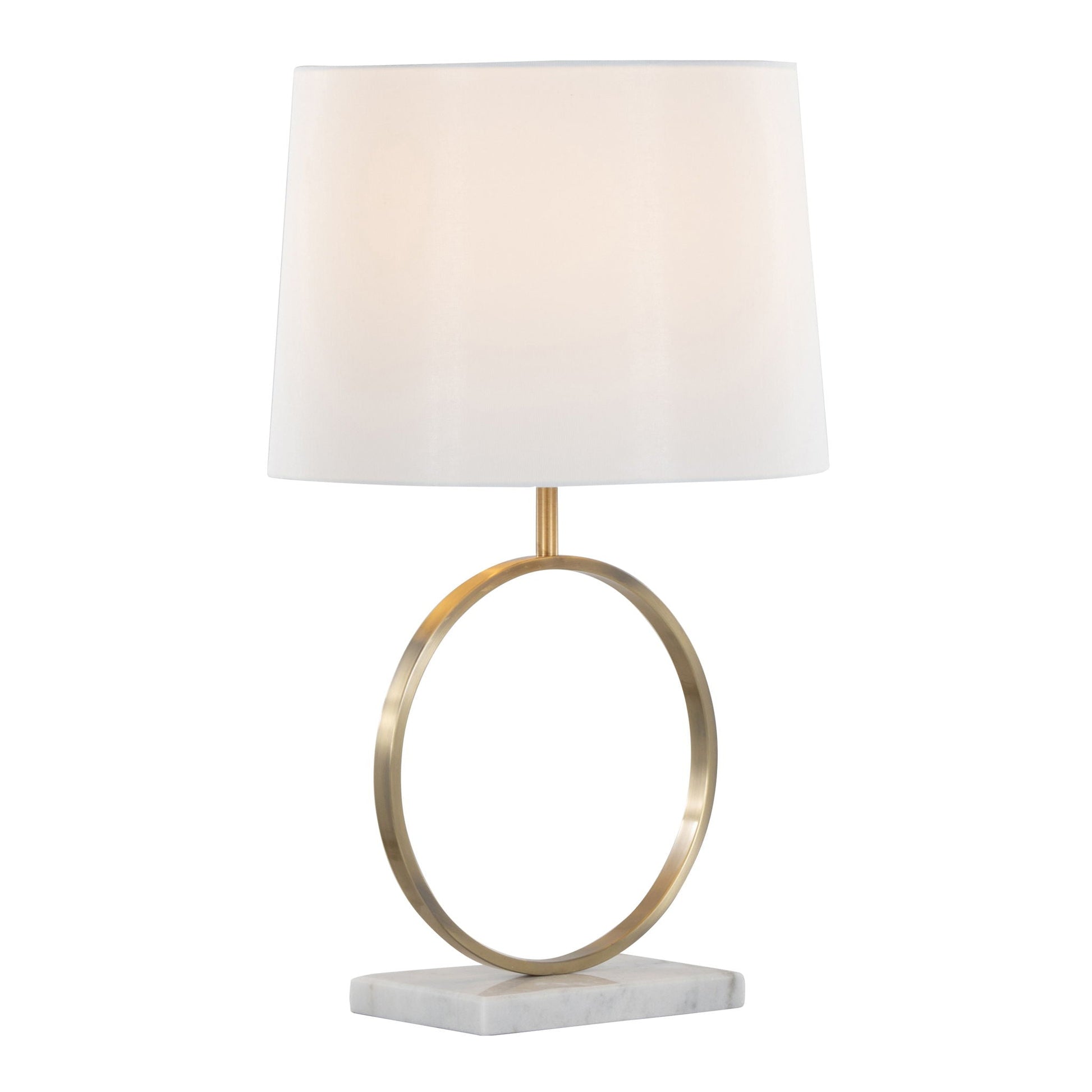 Moon Contemporary Table Lamp white shade with gold curved ring base and marble square base on Tampa Home & Garden Store