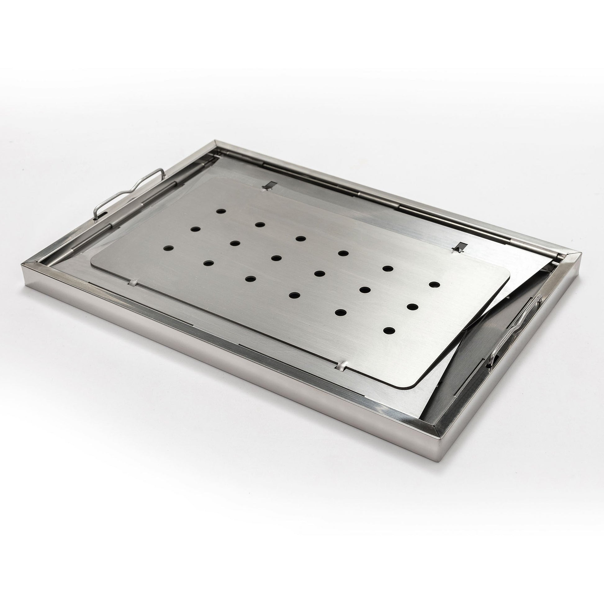 Folded portable stainless steel BBQ grill with perforated cooking surface and side handles on Tampa Home & Garden Store