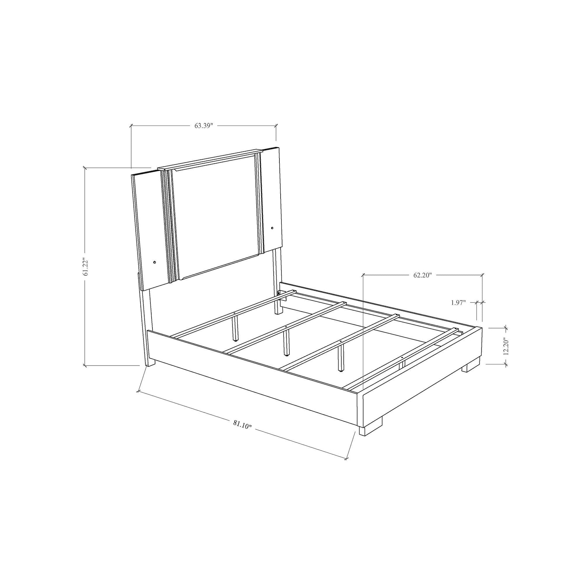 Moon panel bed with LED accent lighting in a technical drawing showing 81.10 in L x 63.39 in W on Tampa Home & Garden Store