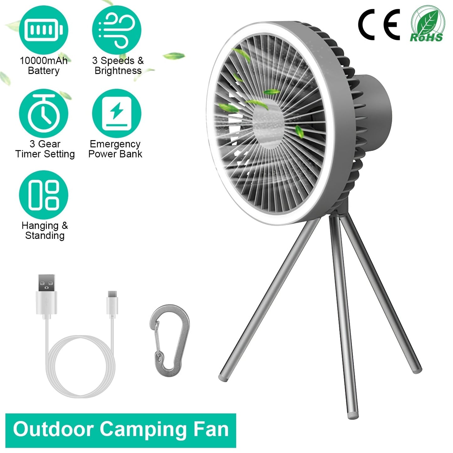 GemGear camping fan with lantern on tripod stand, 10000mAh battery, 3 speeds, hanging hook on Tampa Home & Garden Store
