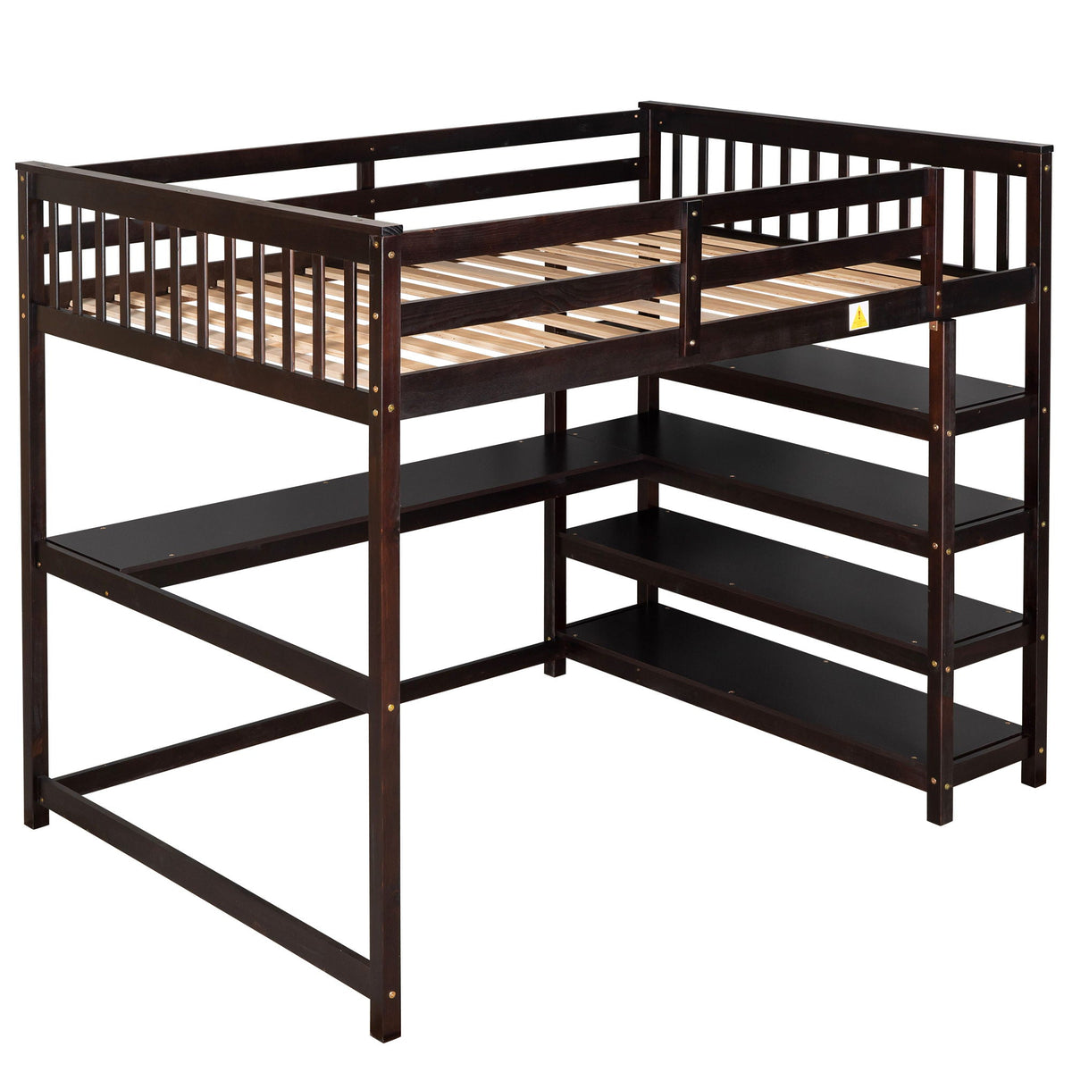 Dark wood loft bed with built‑in storage shelves and under‑bed desk by HouseOfZazla on Tampa Home & Garden Store